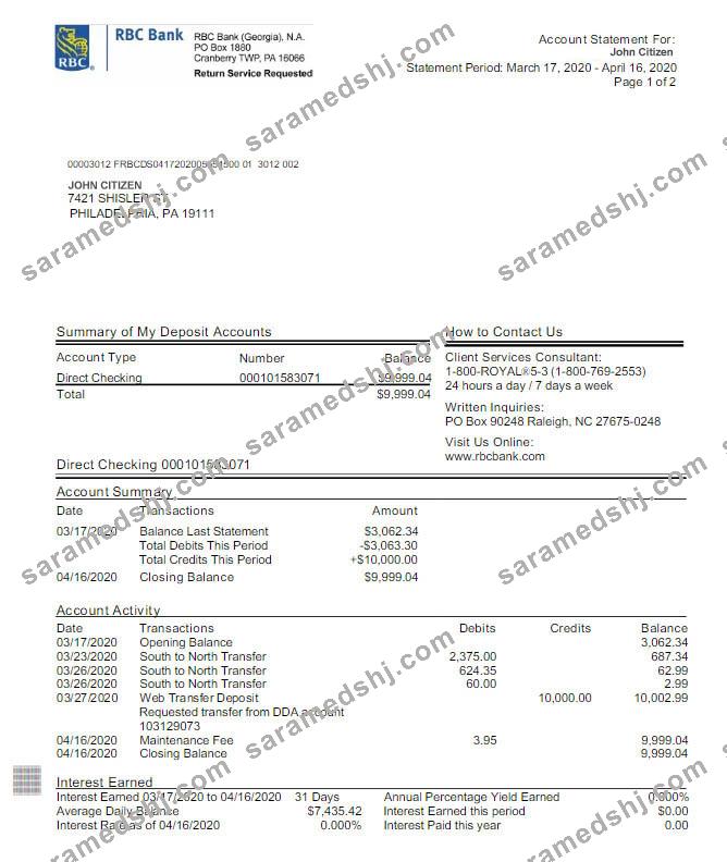 USA RBC bank statement Word and PDF template, version 2